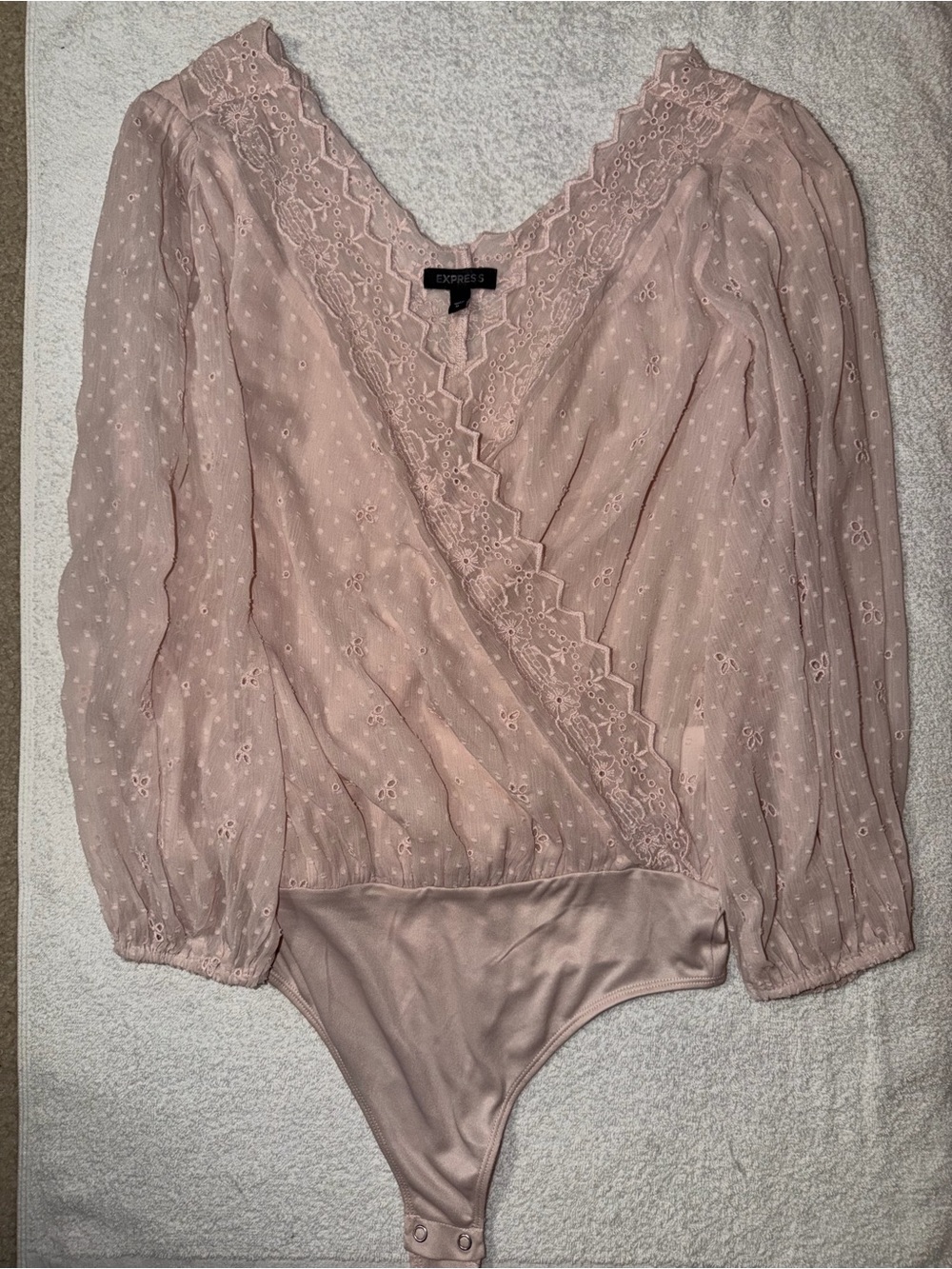 Express Eyelet Lace Trim Swiss Dot Faux Wrap Thong Bodysuit Blush Dusty Rose